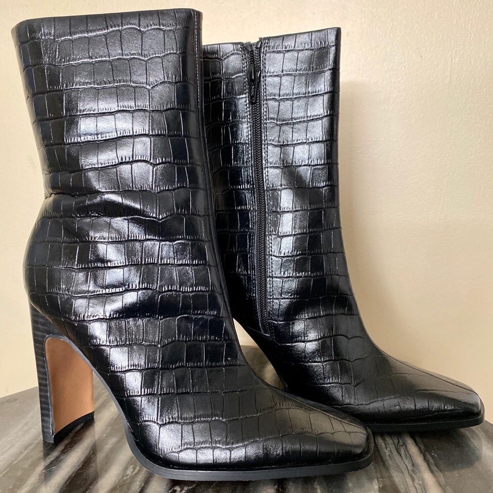 ASOS BLACK CROC SQUARED TOE HIGH ANKLE BOOT